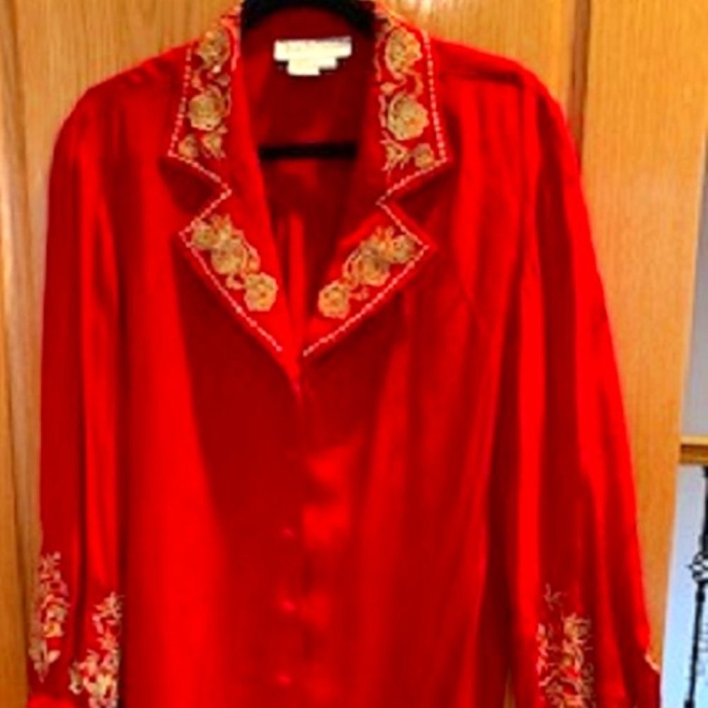 Vintage DVF Silk Red Blouse Gold Rose Embroidered Puff Sleeve L